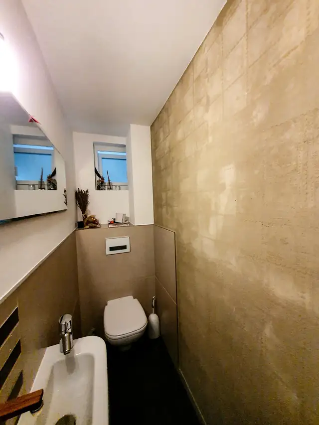 Gäste-WC mit gespachtelter Wand in Schablonentechnik