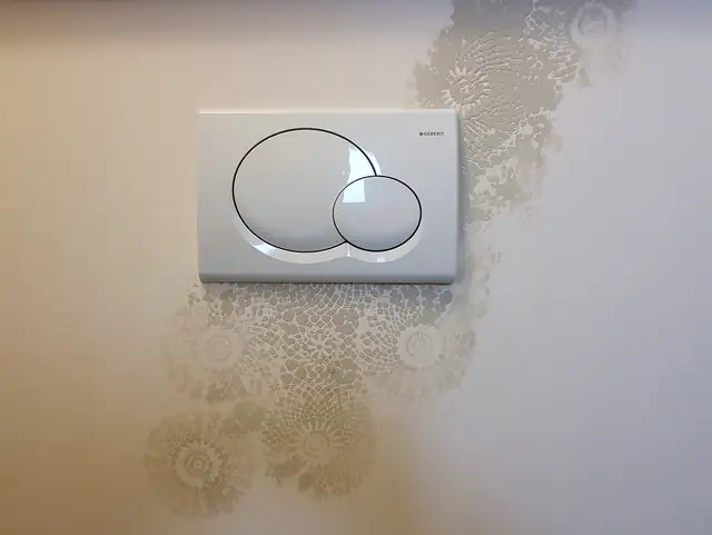 Wand im Gäste-WC mit dezentem Spitzenmuster rund um die Spültaste