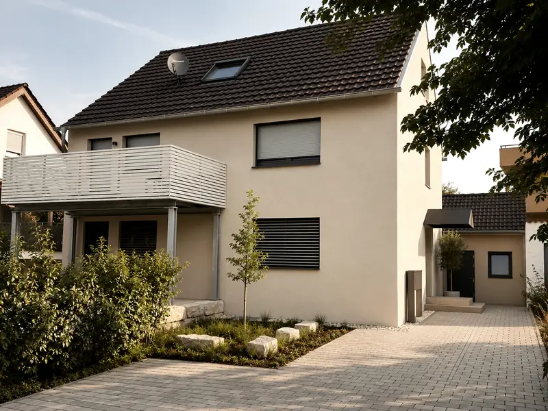 Dasselbe Haus nach der Sanierung, mit heller Fassade und neu angelegtem Garten
