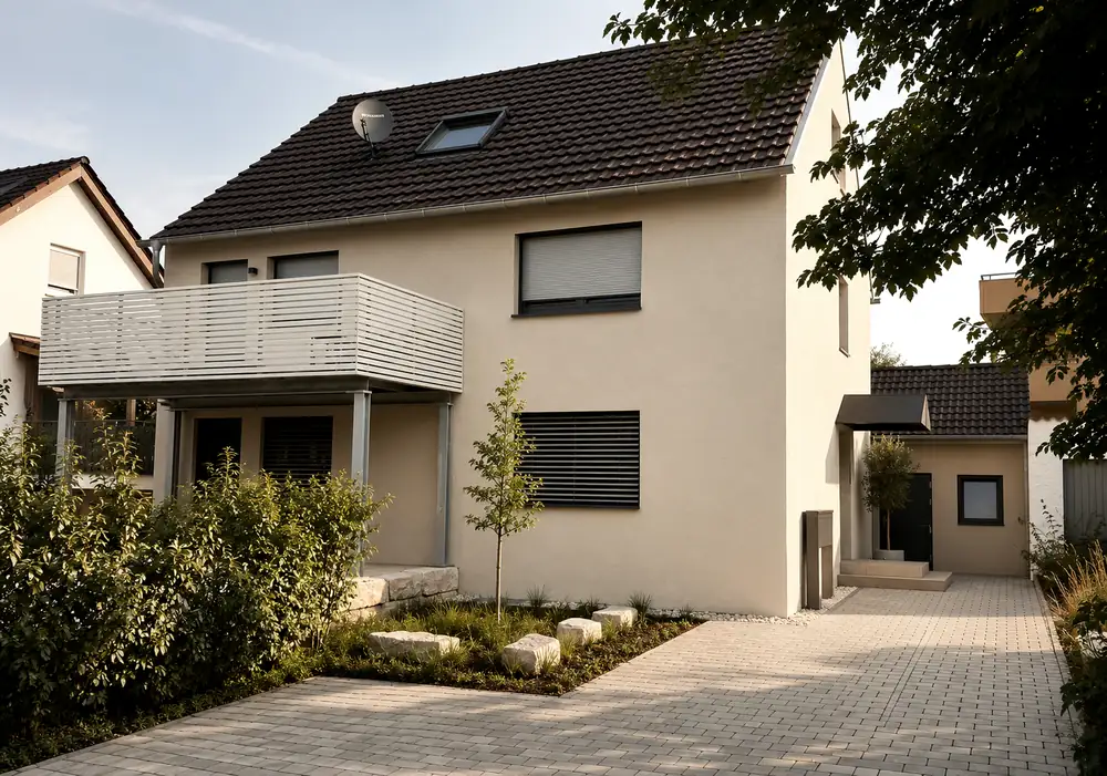 Haus in Neckarweihingen nach der Sanierung, mit heller Fassade und neu angelegtem Garten